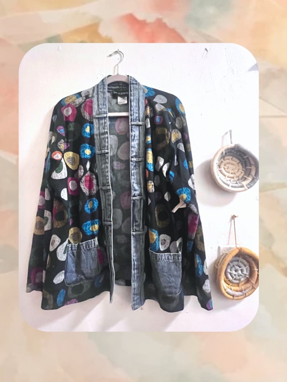 π·οΈ π π abstract multicolor circle with denim trim patchwork open jacket cardigan